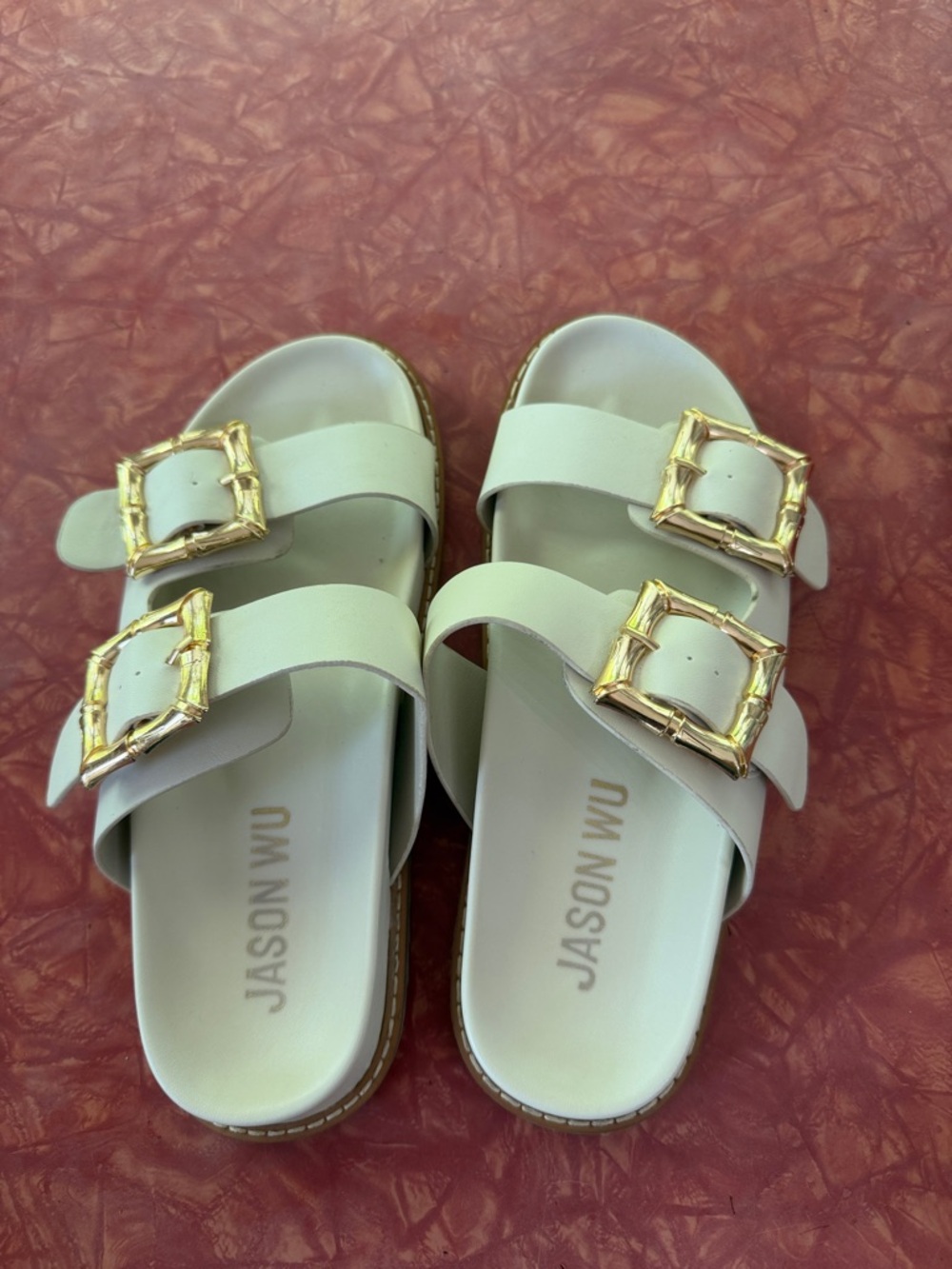 Jason Wu Cream Slide Sandals with Gold Buckles